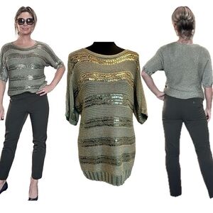 Chico’s olive green gold metallic sequin striped short sleeve knit sweater L